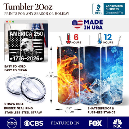 America 250 Freedom Flag Eagle 20oz Personalized Tumbler With Lid and Stainless Steel Straw, 4th of July Patriotic 1776–2026 Gift Cup
