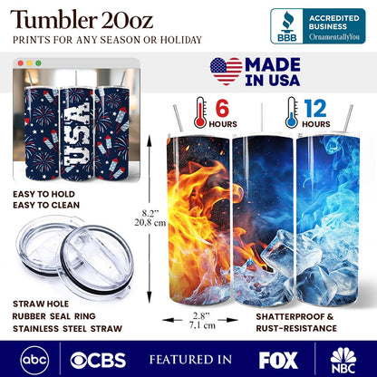 Fireworks USA Block Letters 20oz Personalized Tumbler With Lid and Stainless Steel Straw, Vintage July 4th Patriotic Gift Cup