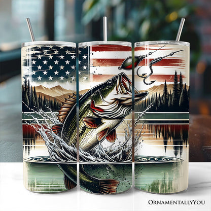 Patriotic Bass Fishing 20oz Personalized Tumbler With Lid and Stainless Steel Straw, Retro Angler Gift Cup