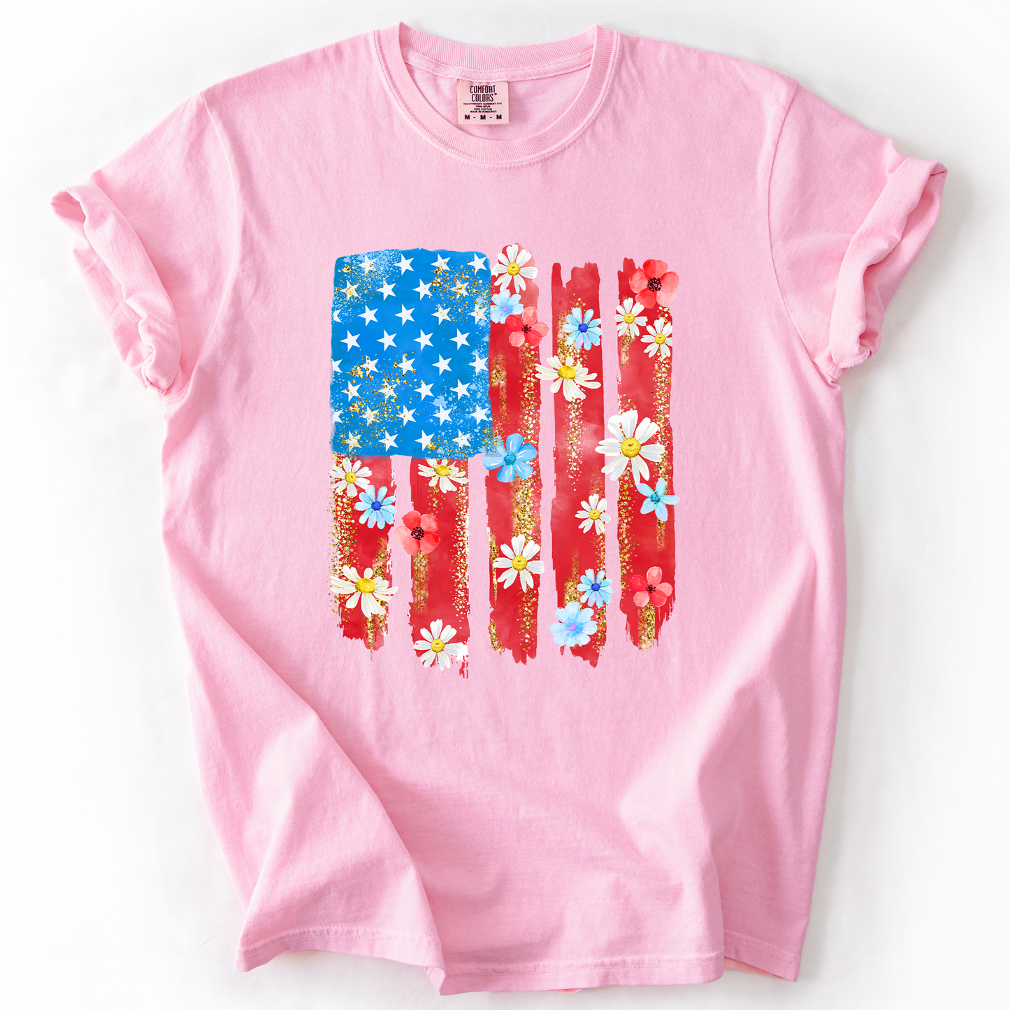 Retro Flower Flag, Fourth of July, America, Patriotic, USA, Comfort Colors T-Shirt