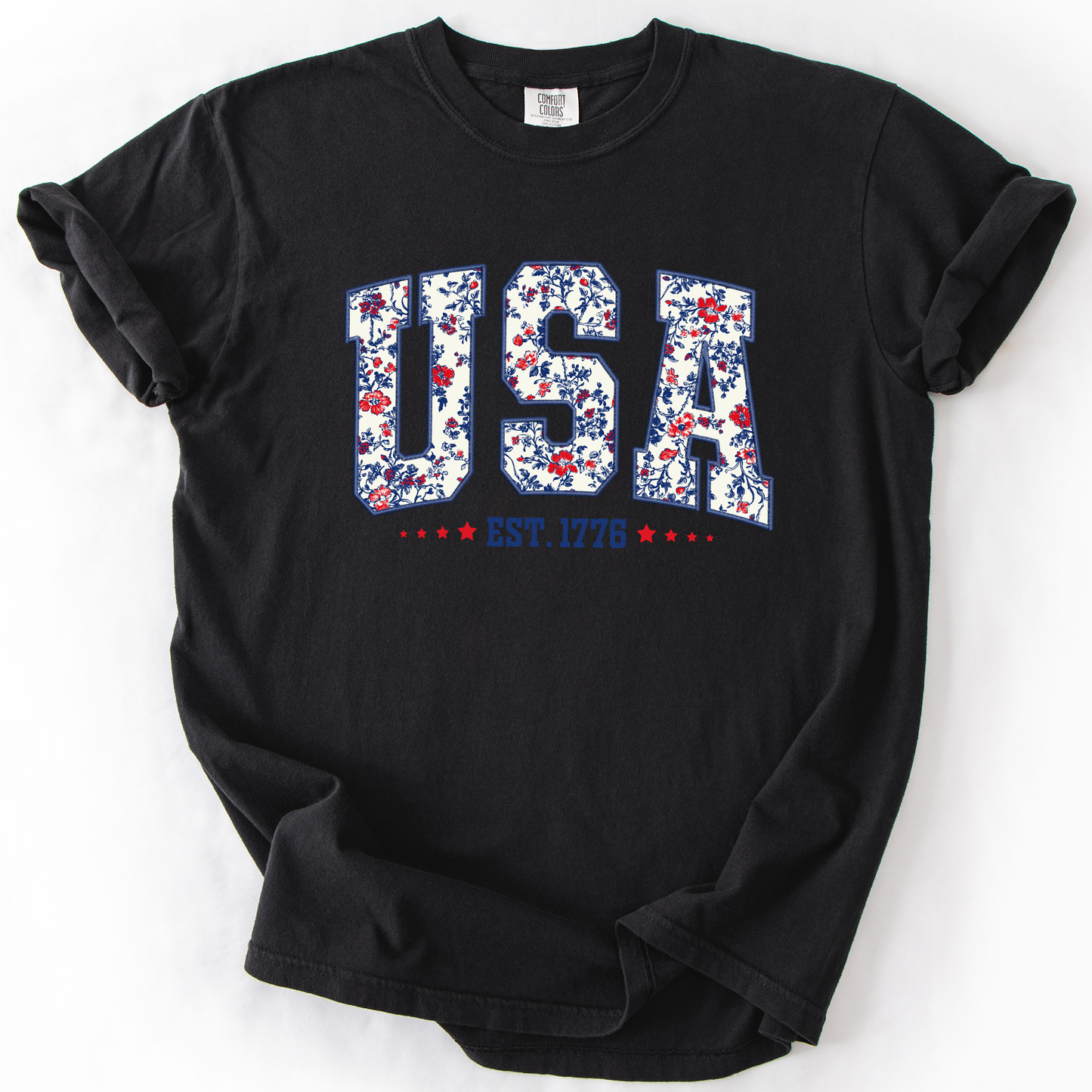 USA, Floral Pattern, Est 1776, Patriotic, America, Comfort Colors T-Shirt